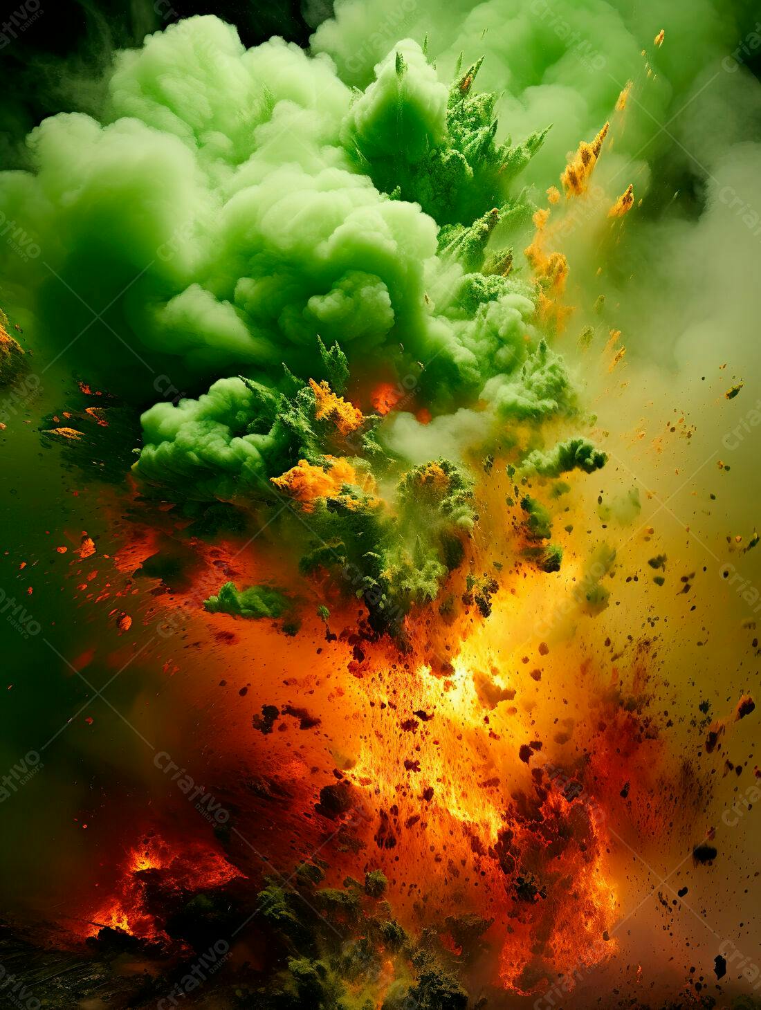 Explosão vulcânica verde e laranja