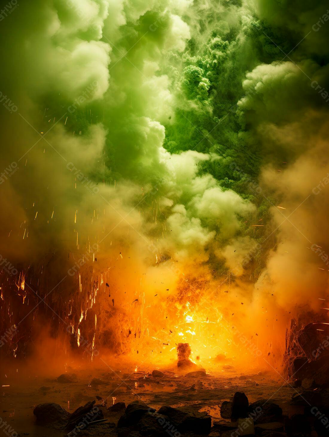 Explosão vulcânica verde e laranja