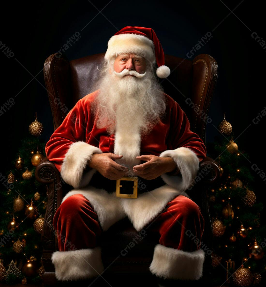 Papai Noel sentado em poltrona com árvores de Natal