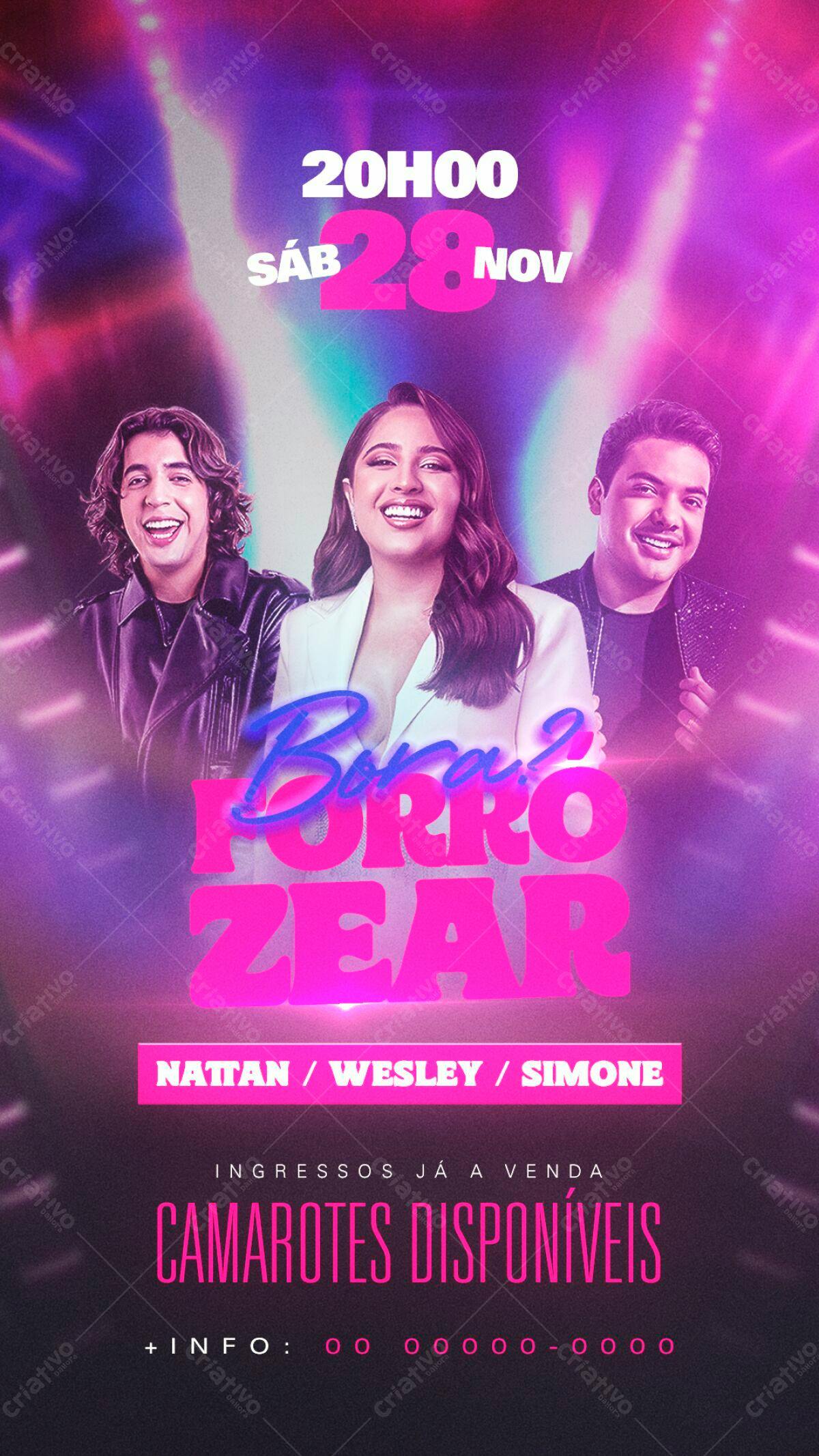 Flyer para Show de Forró com Nattan, Wesley Safadão e Simone PSD Editável