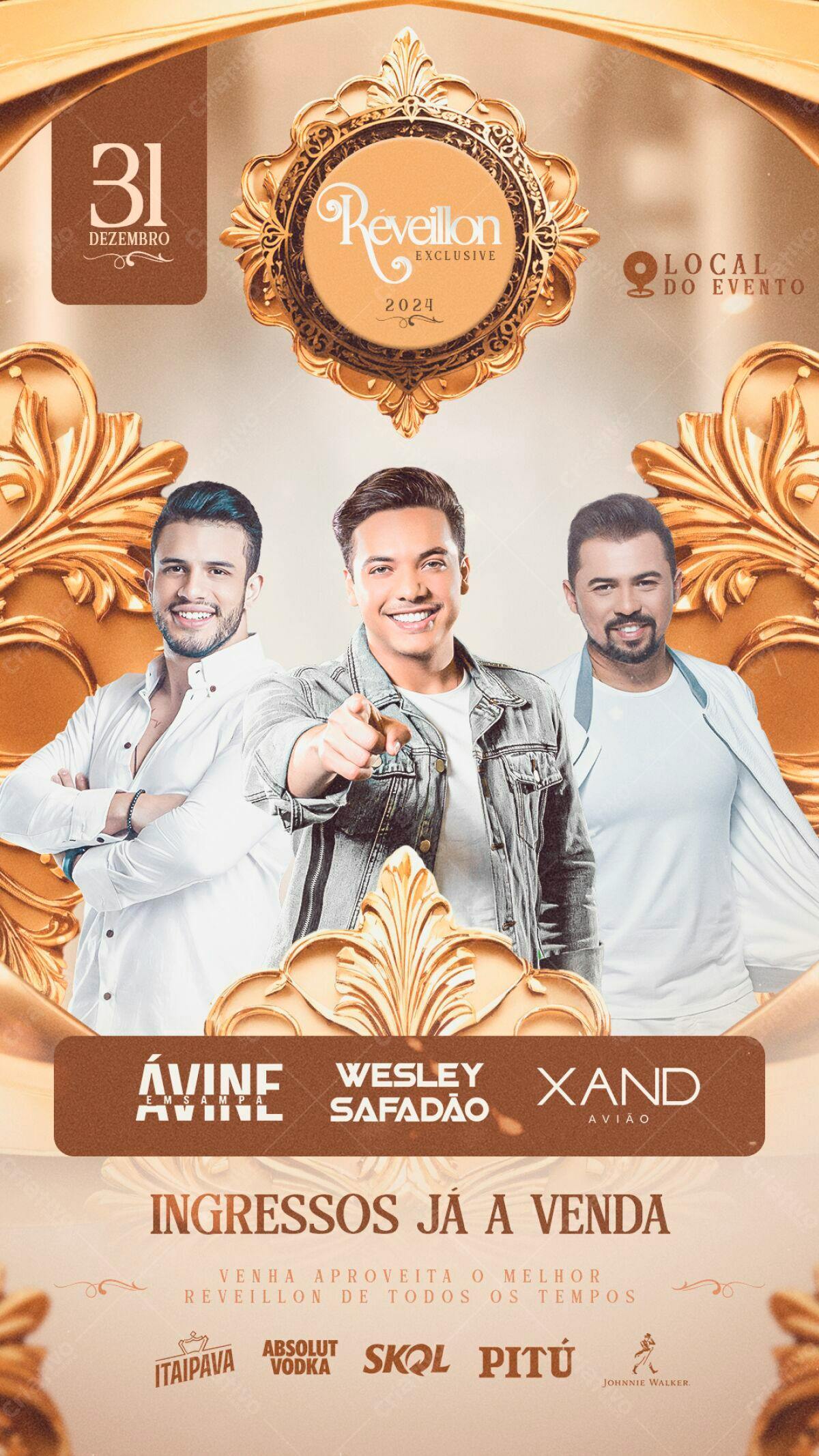 Flyer Réveillon 2024 com Avinne, Wesley Safadão e Xand Avião PSD Editável