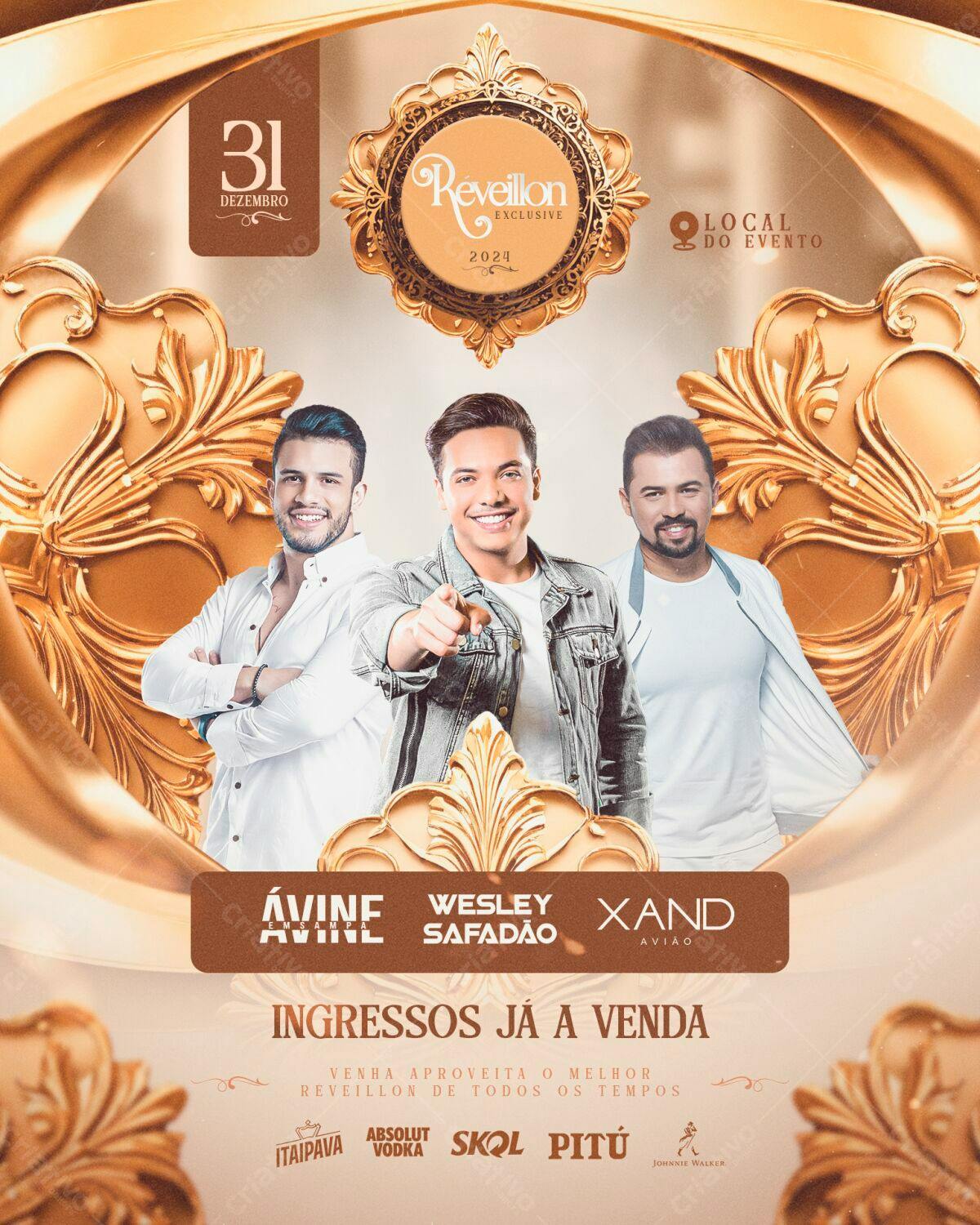 Flyer Réveillon 2024 com Avinne Vinny, Wesley Safadão e Xand Avião PSD Editável
