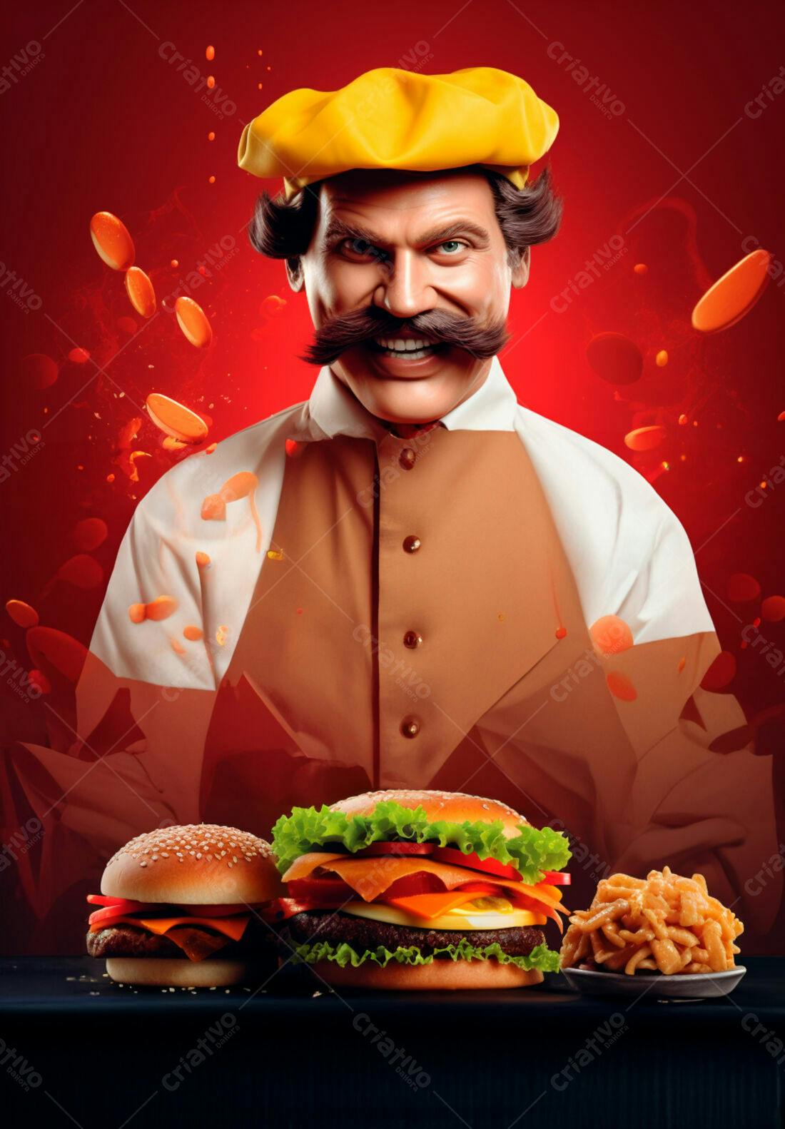 Chef com bigode e boina amarela servindo hambúrgueres