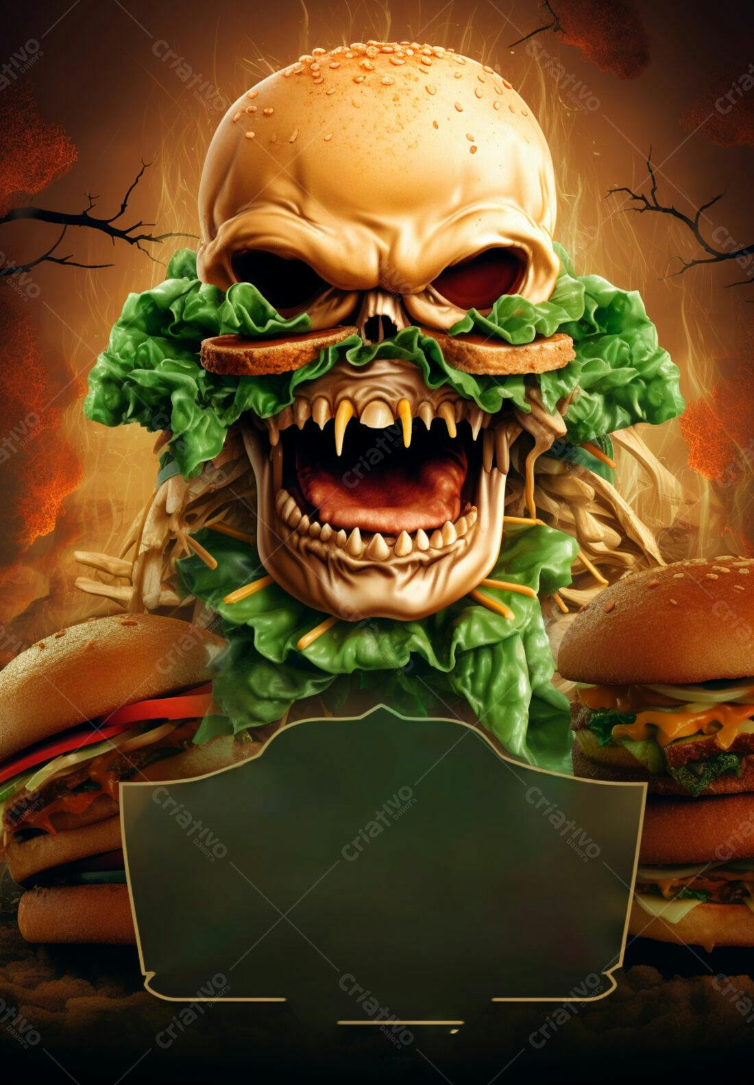 Crânio de hambúrguer infernal em chamas