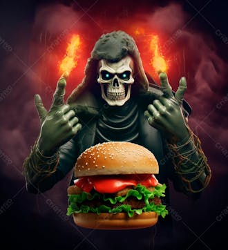 Imagem de um super hambúrguer completo com um caveira misterioso 3