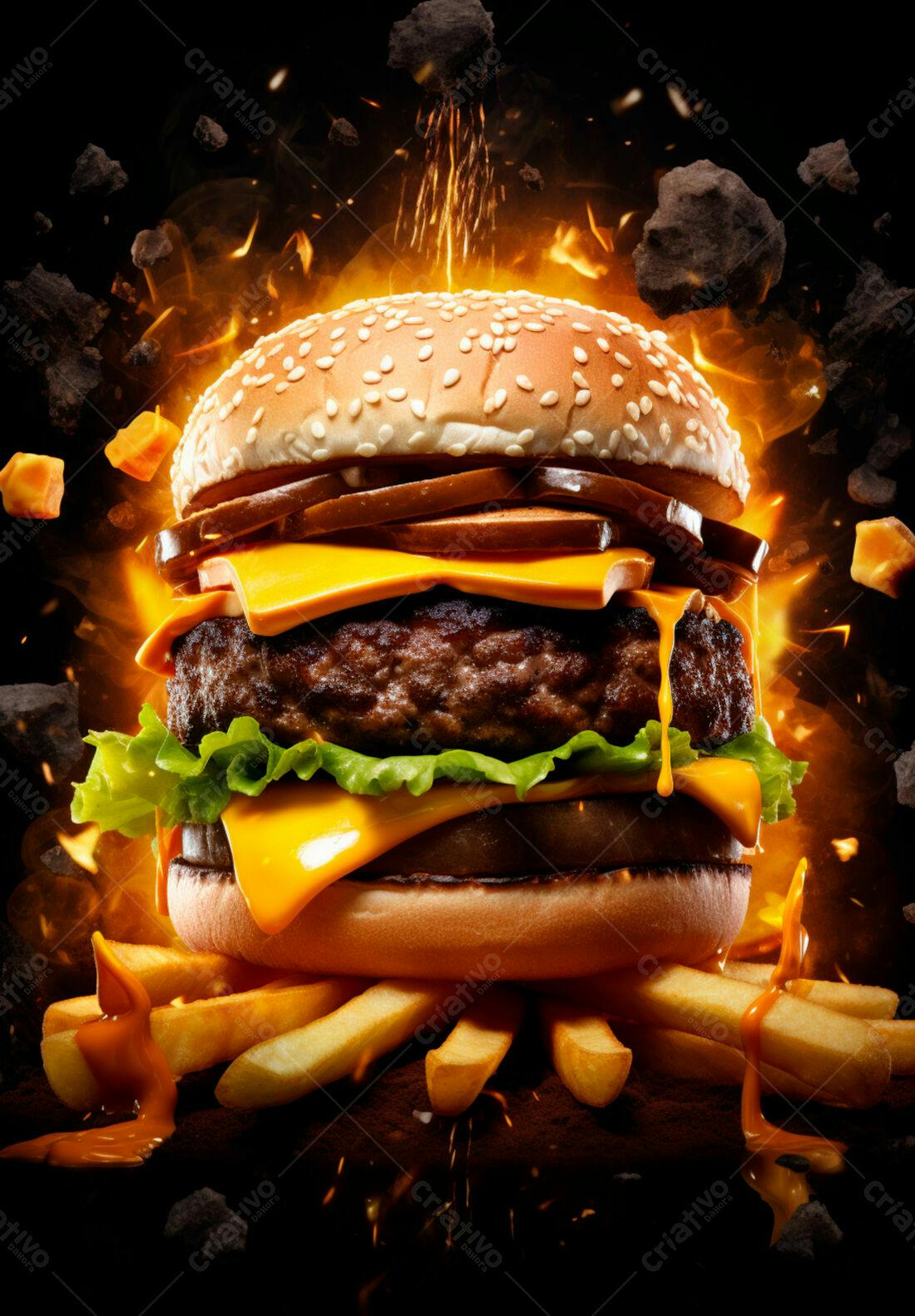 Hambúrguer flamejante com fritas