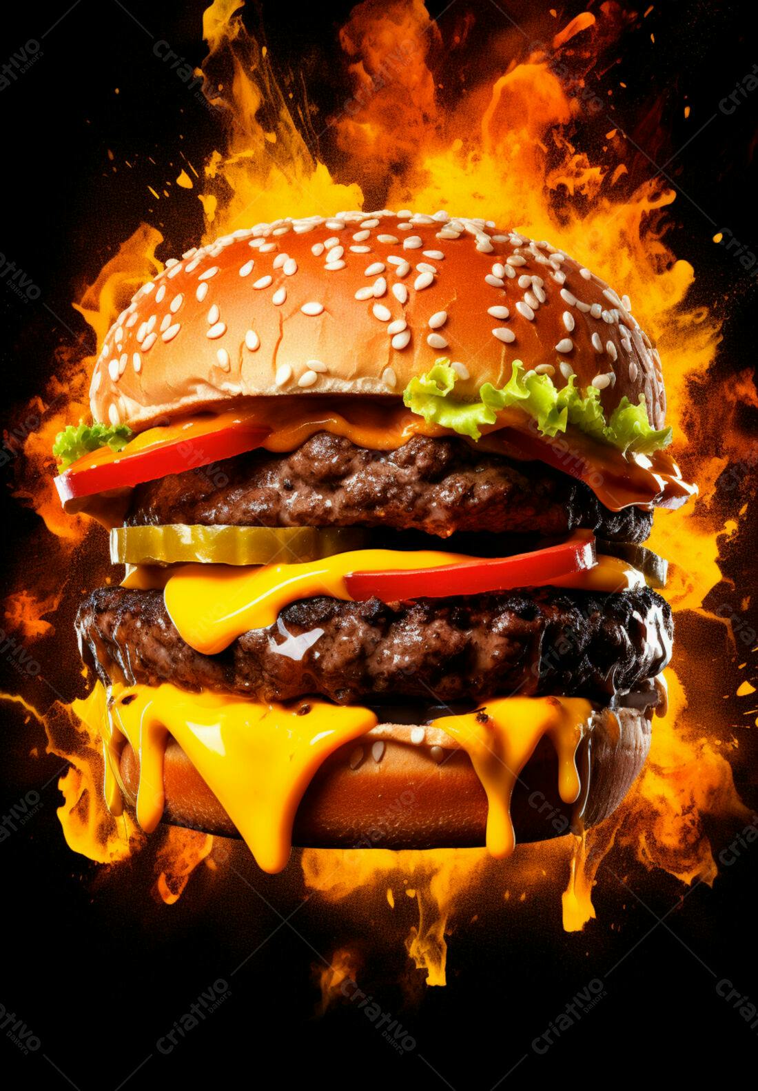 Duplo hambúrguer flamejante com queijo derretido