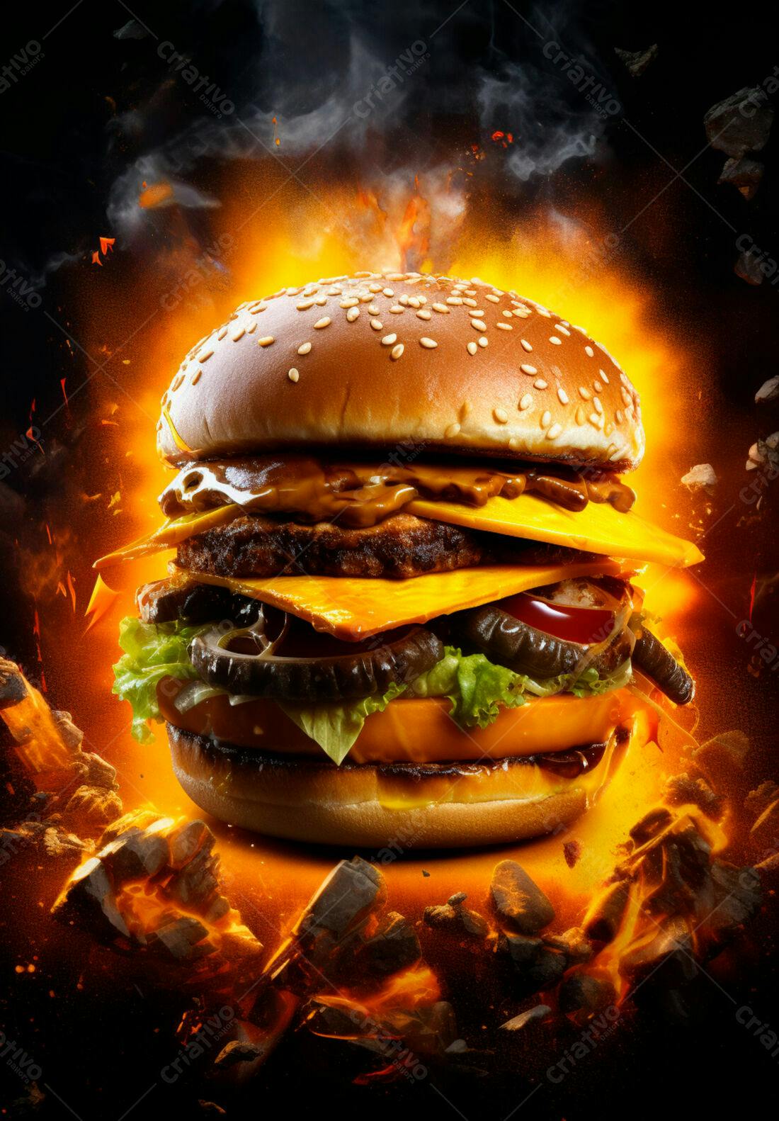 Hambúrguer flamejante com queijo e alface