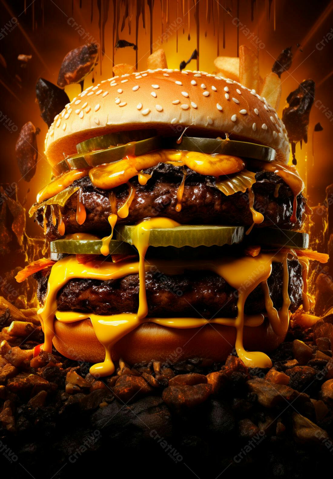 Duplo Cheeseburger suculento com batatas fritas