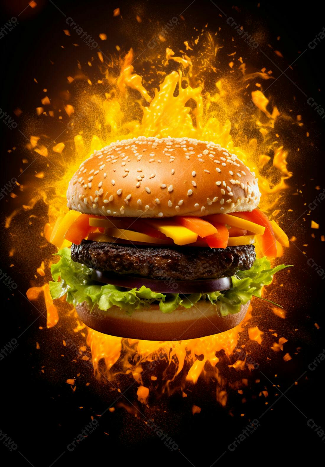 Hambúrguer flamejante com queijo e legumes