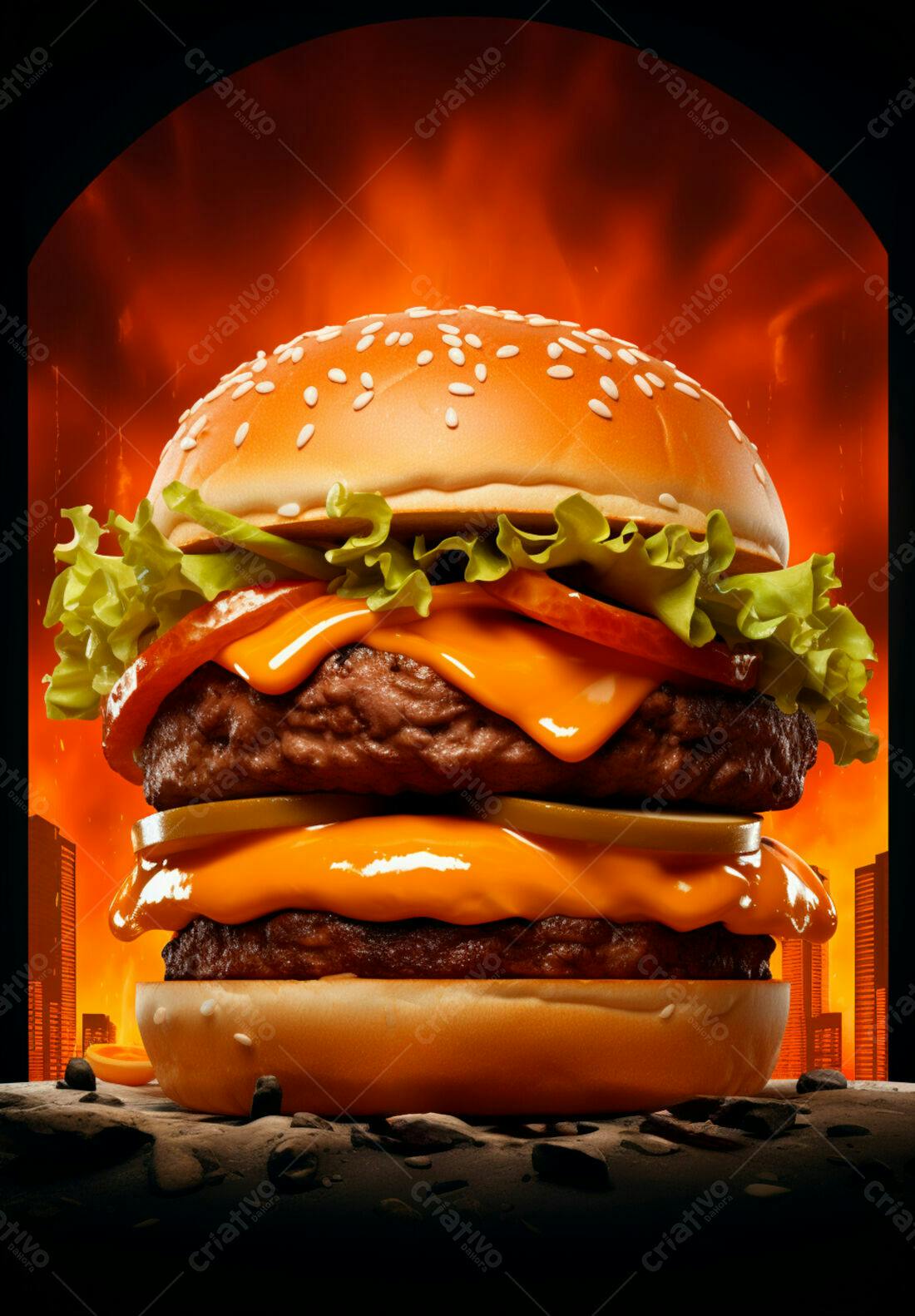 Duplo Cheeseburger suculento fogo cidade