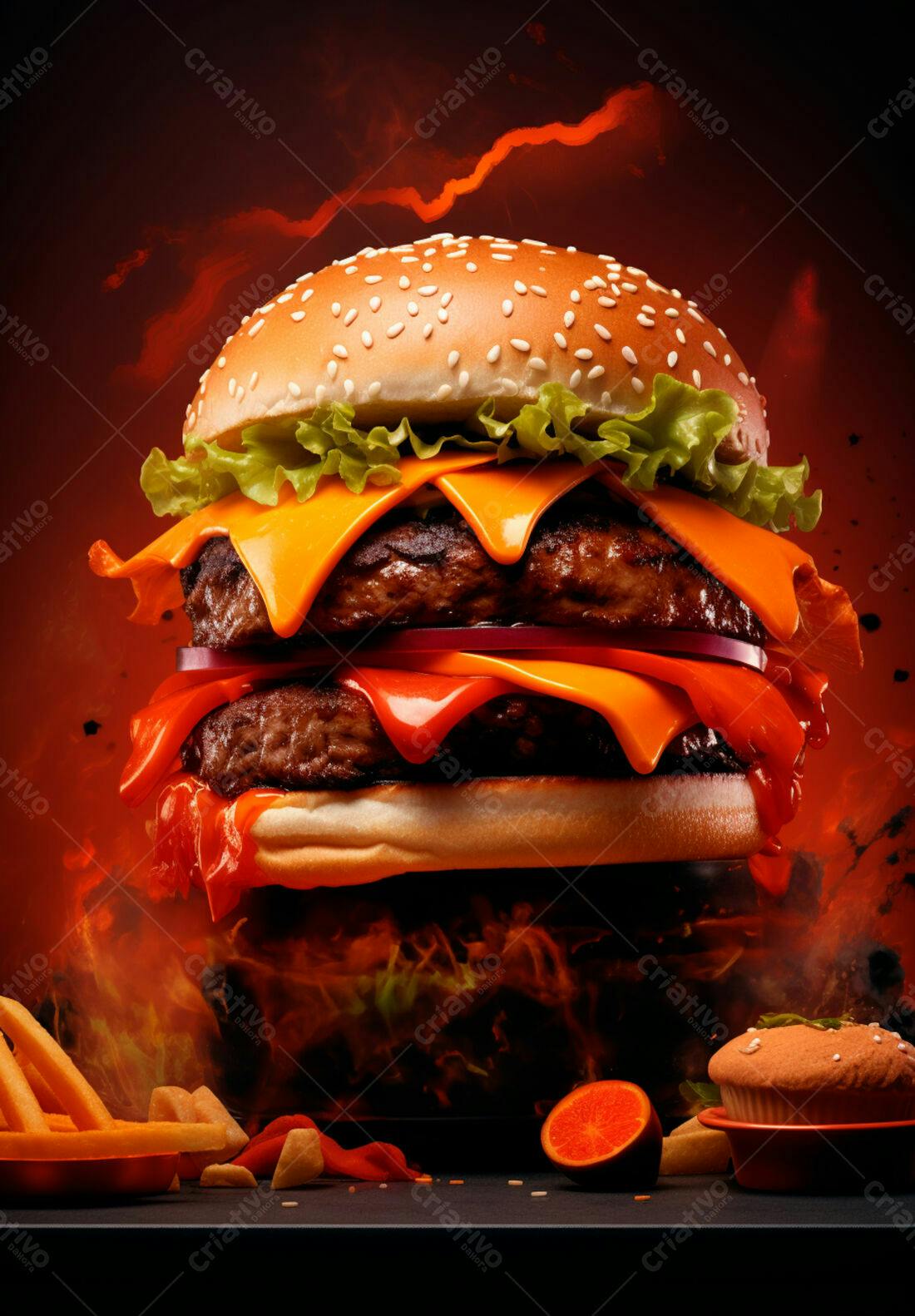 Duplo Cheeseburger Flamejante com Batata Frita