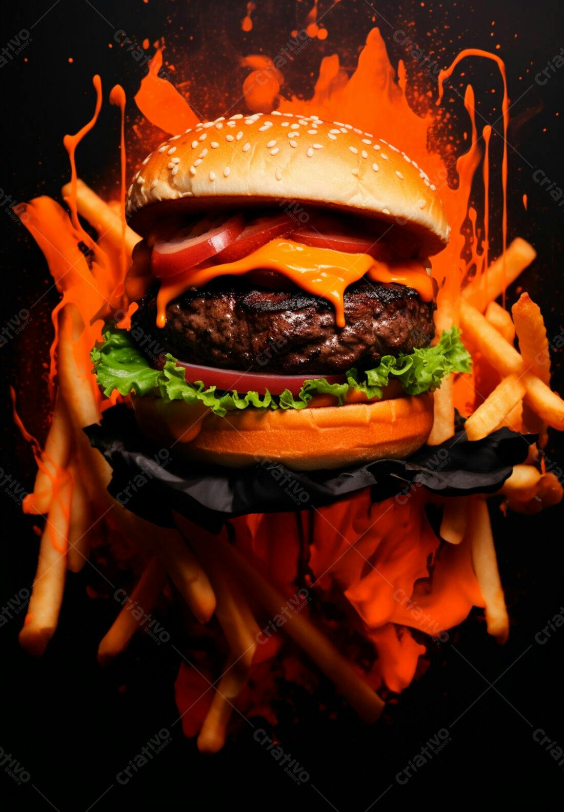 Hambúrguer suculento com fritas e molho laranja