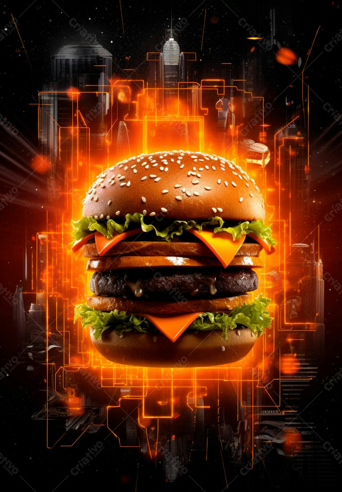 Hambúrguer Duplo em Cenário Cyberpunk