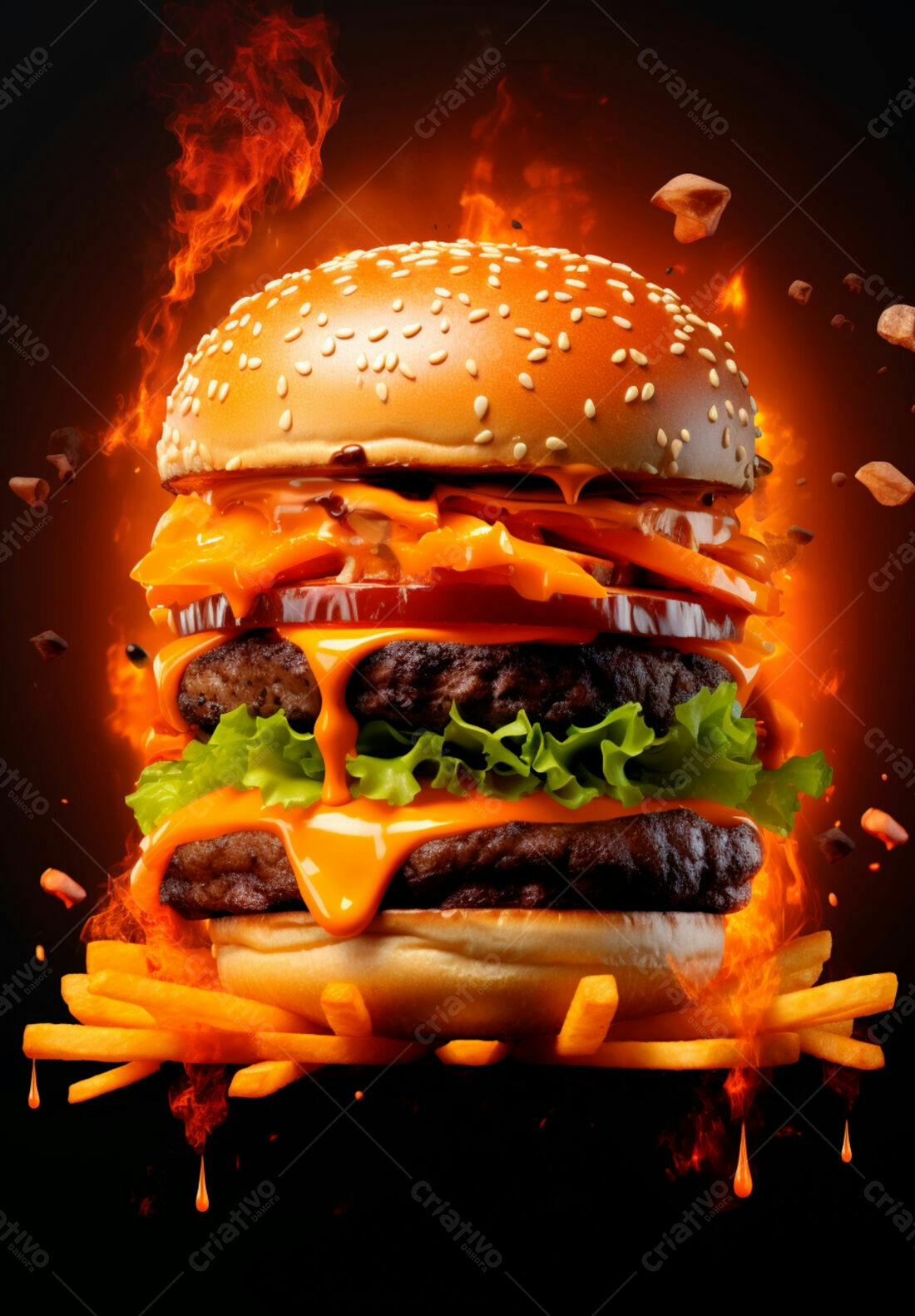 Duplo Cheeseburger em Chamas com Batatas