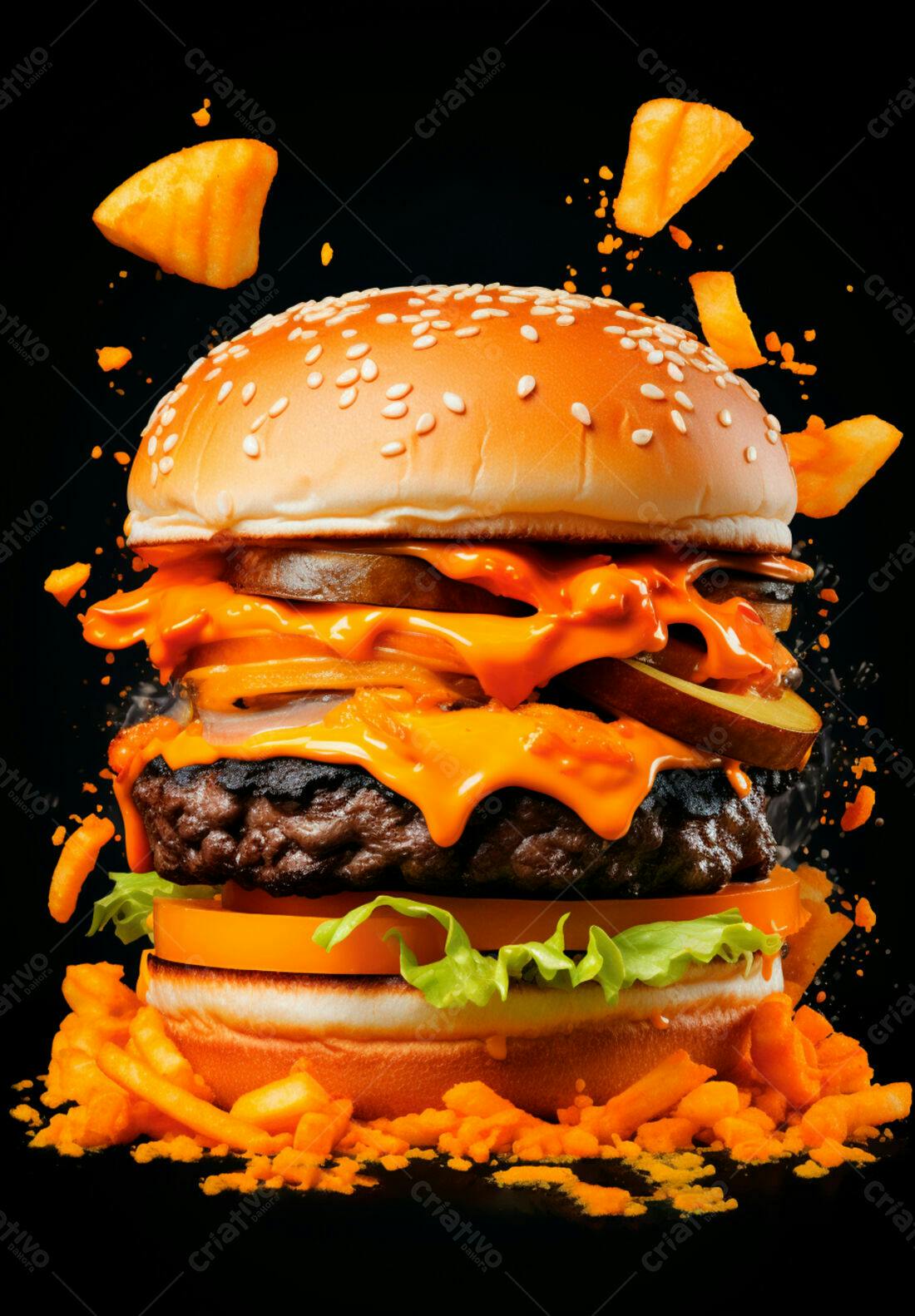 Hambúrguer suculento com cheddar derretido e batatas