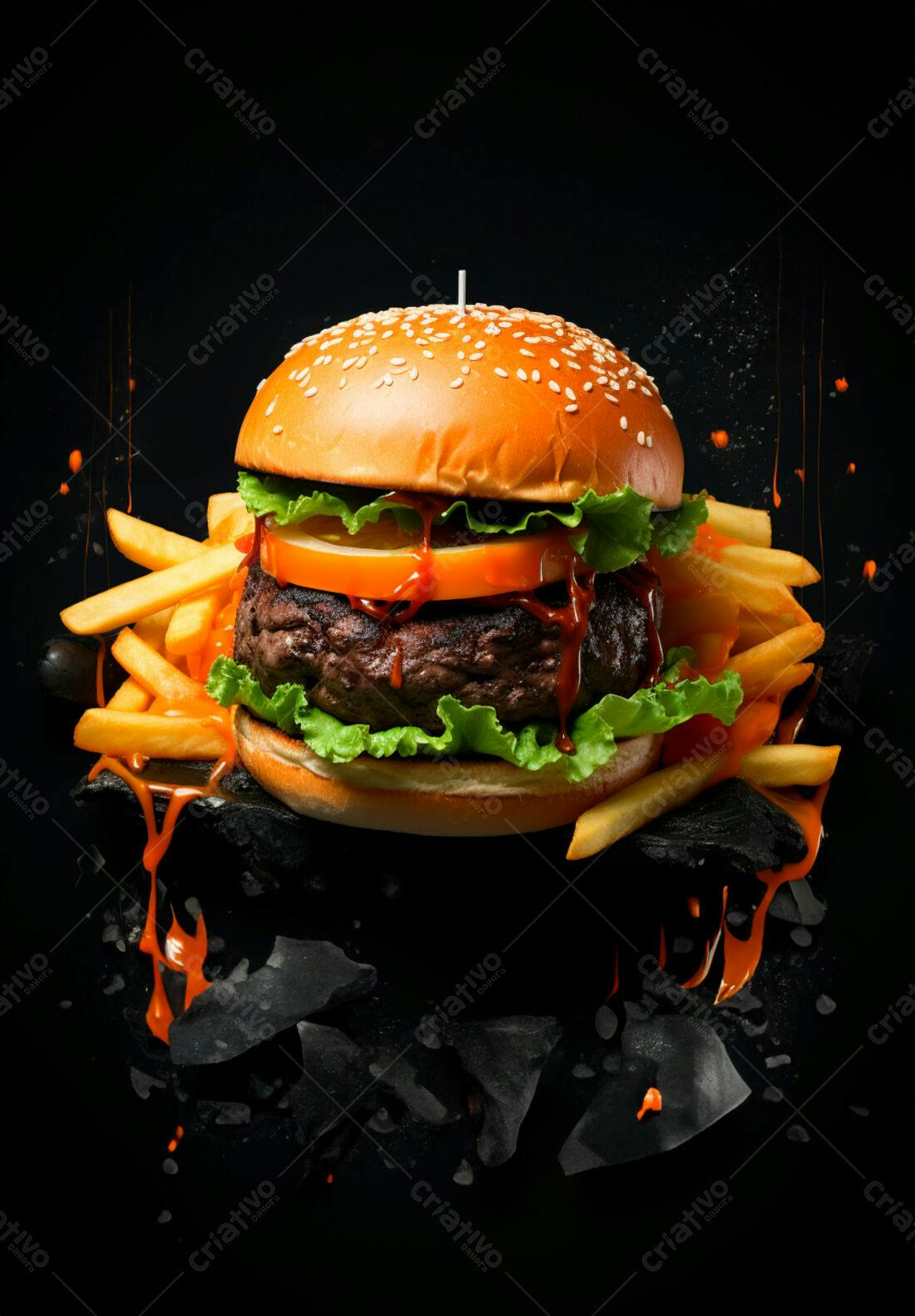 Hambúrguer suculento com fritas e molho
