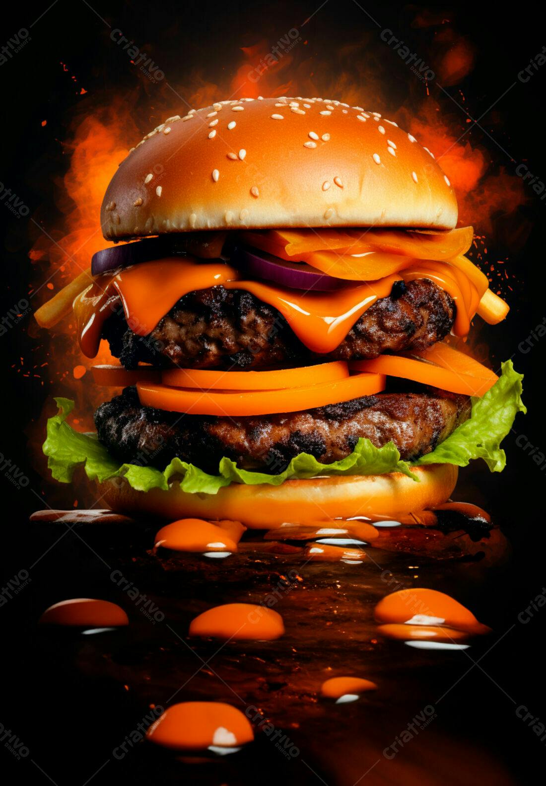 Duplo Cheeseburger suculento com batatas fritas