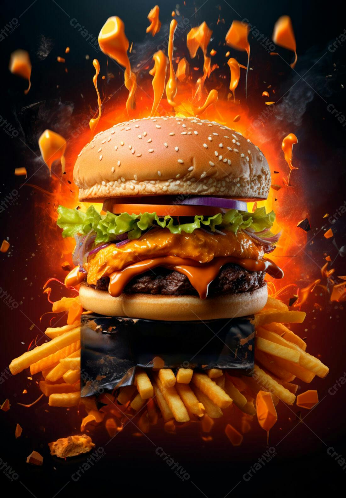 Hambúrguer flamejante com batatas fritas