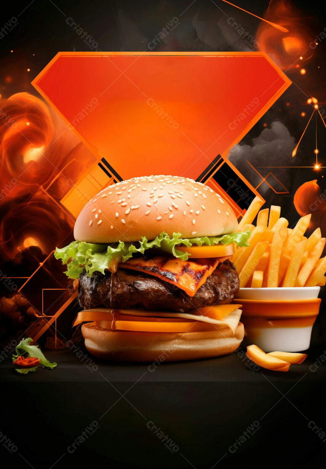 Hambúrguer suculento com fritas fundo laranja
