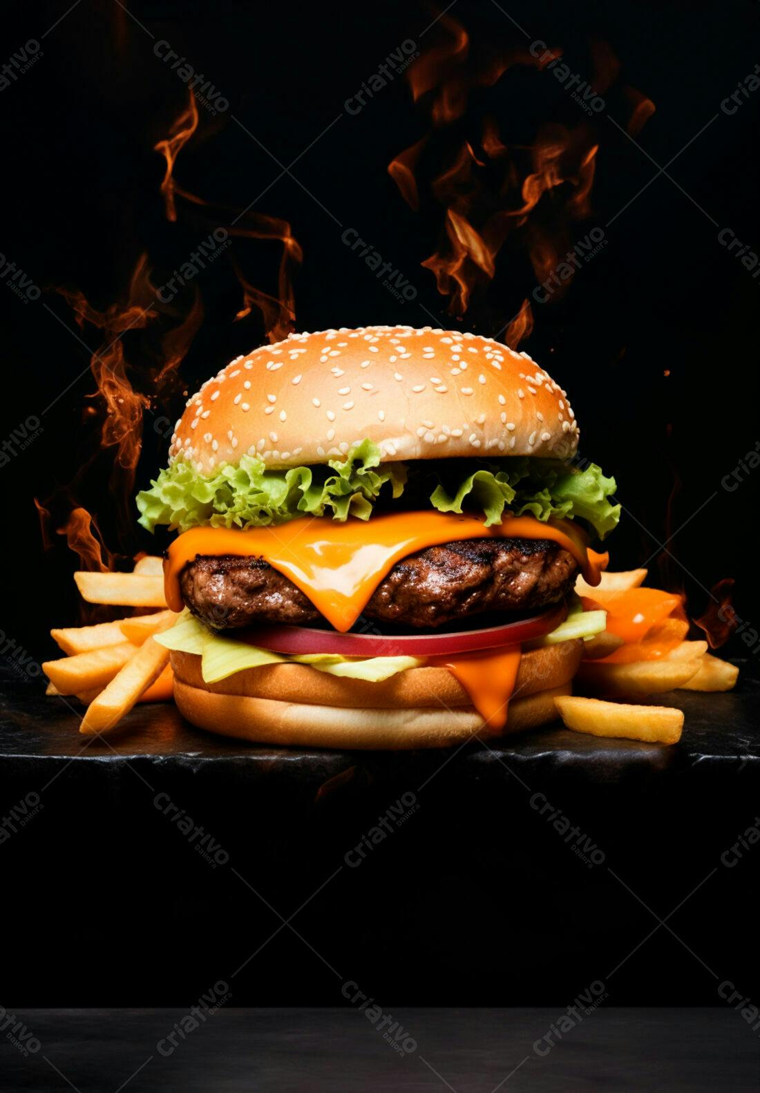 Hambúrguer suculento com batatas fritas e fogo