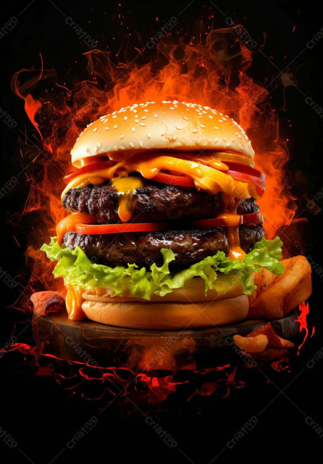Duplo hambúrguer flamejante com queijo e batatas