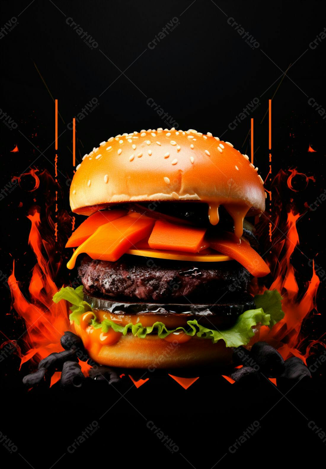 Hambúrguer flamejante com queijo cheddar e cenoura