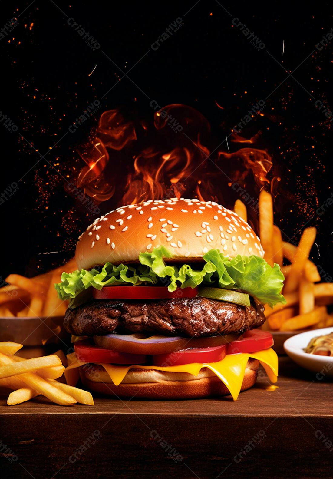 Hambúrguer suculento com batatas fritas e fogo