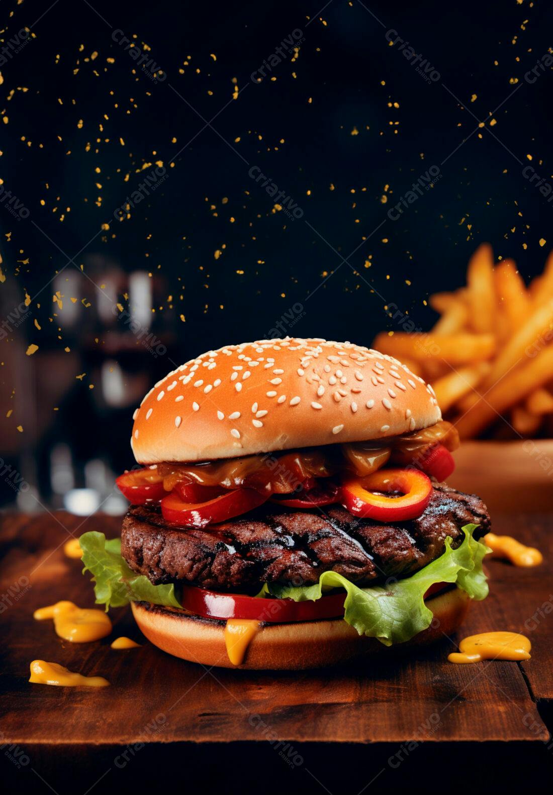 Hambúrguer suculento com batata frita
