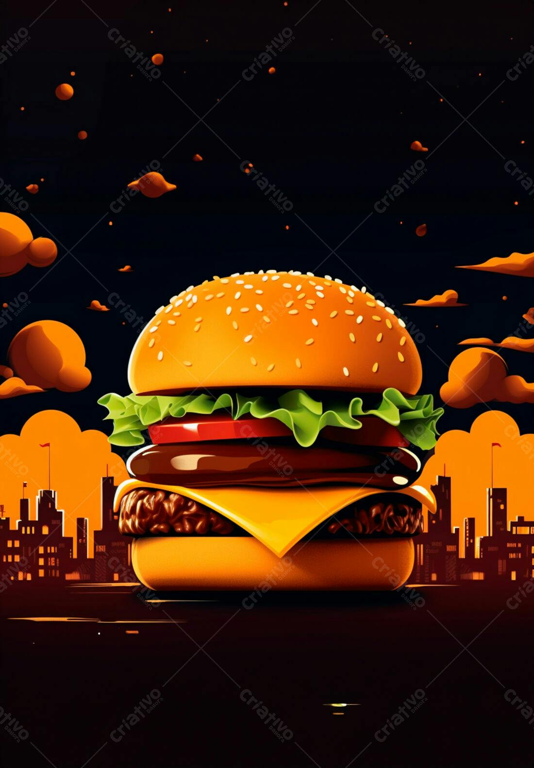 Hambúrguer suculento com queijo e alface sobre cidade noturna