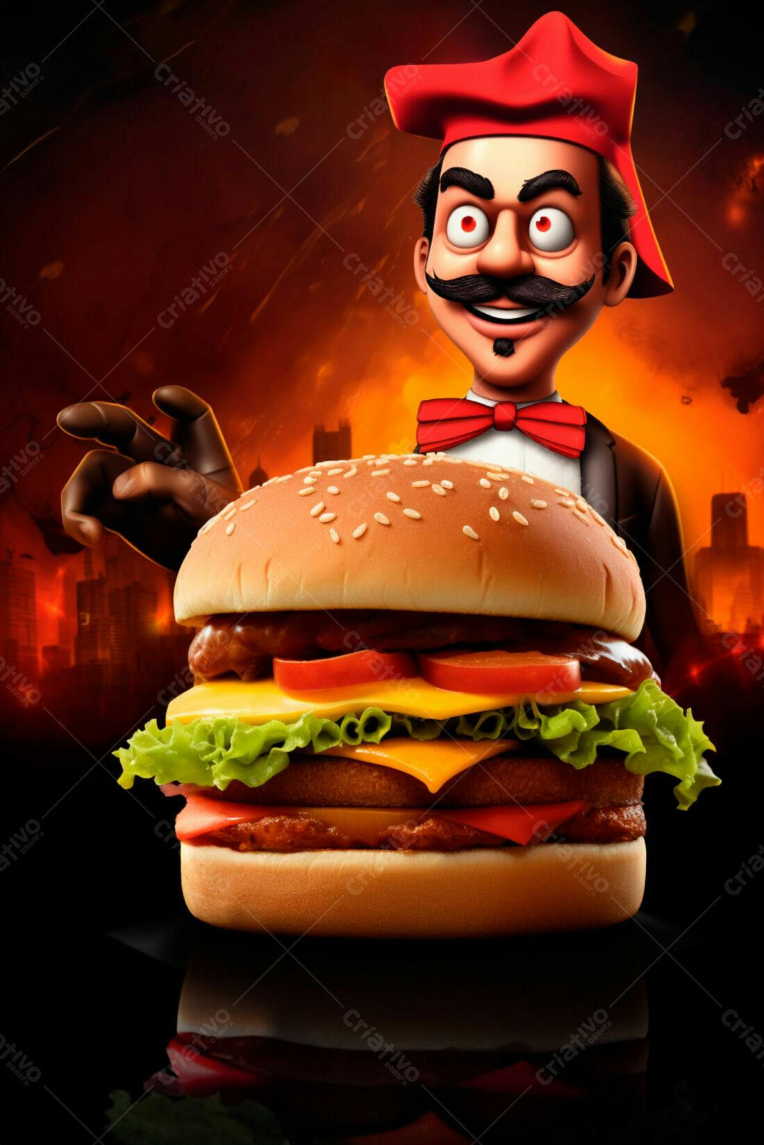 Chef de desenho animado segurando um hambúrguer gigante
