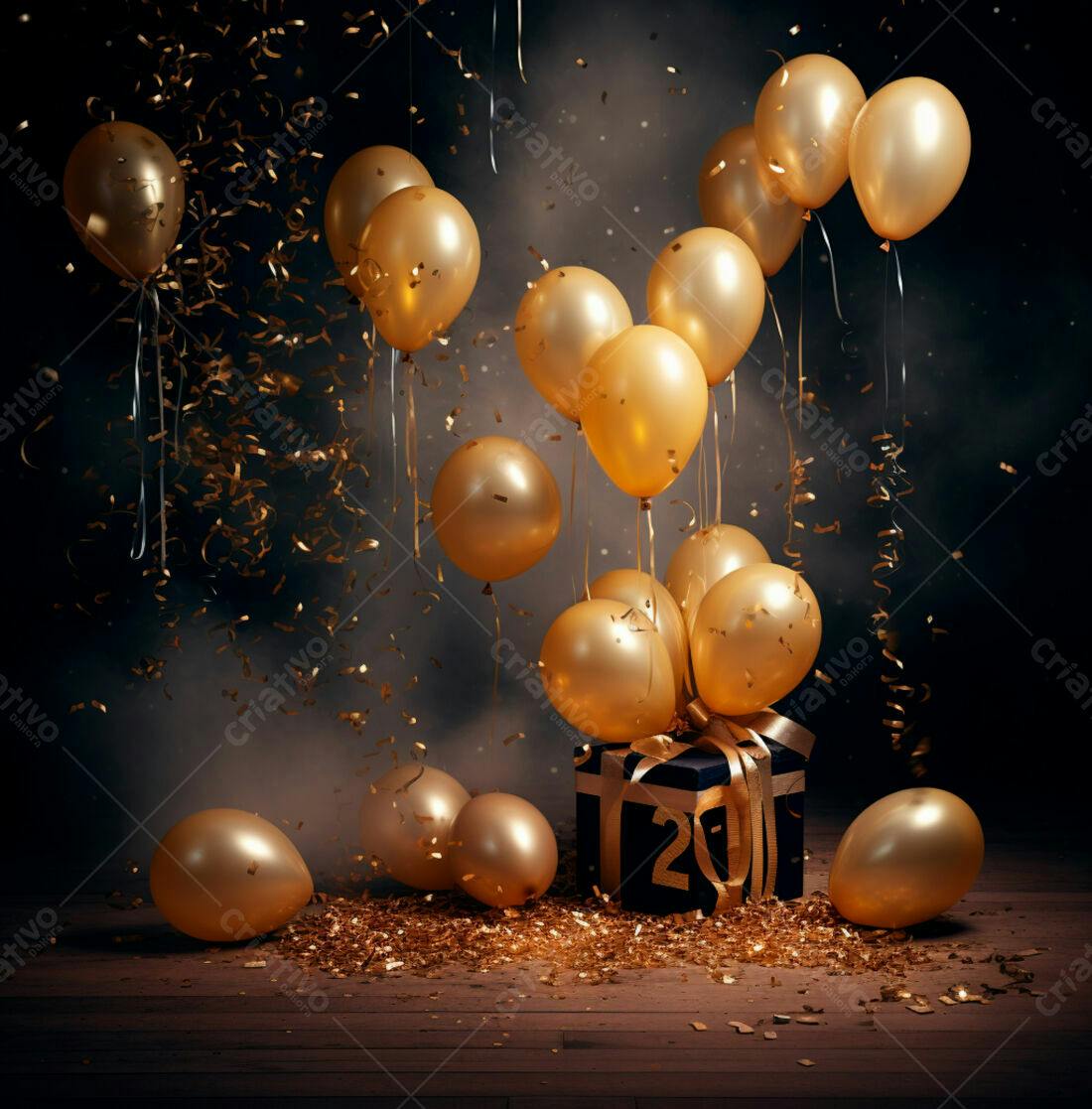 Balões dourados e presente de aniversário