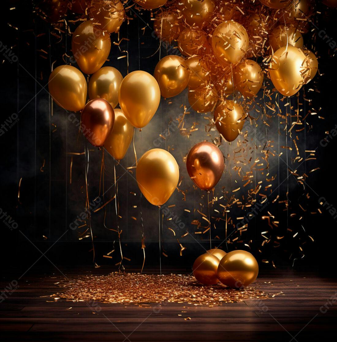 Balões dourados e confete em festa