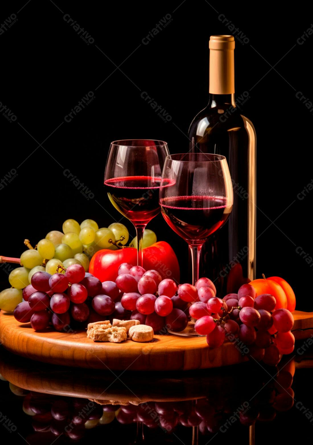 Vinho tinto uvas e biscoitos