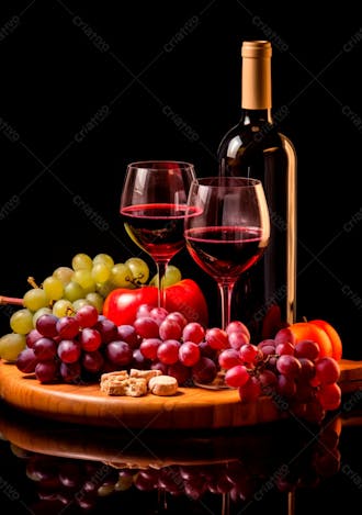 Imagem de uma garrafa de vinho tinto com uvas ao lado 2