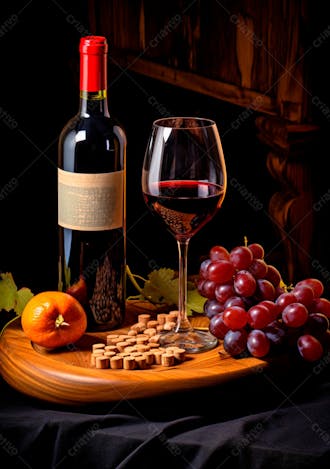 Imagem de uma garrafa de vinho tinto com uvas ao lado 3
