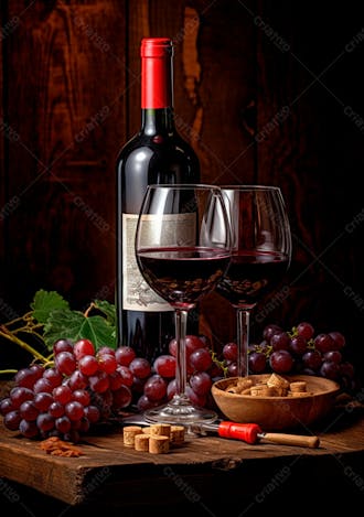 Imagem de uma garrafa de vinho tinto com uvas ao lado 4