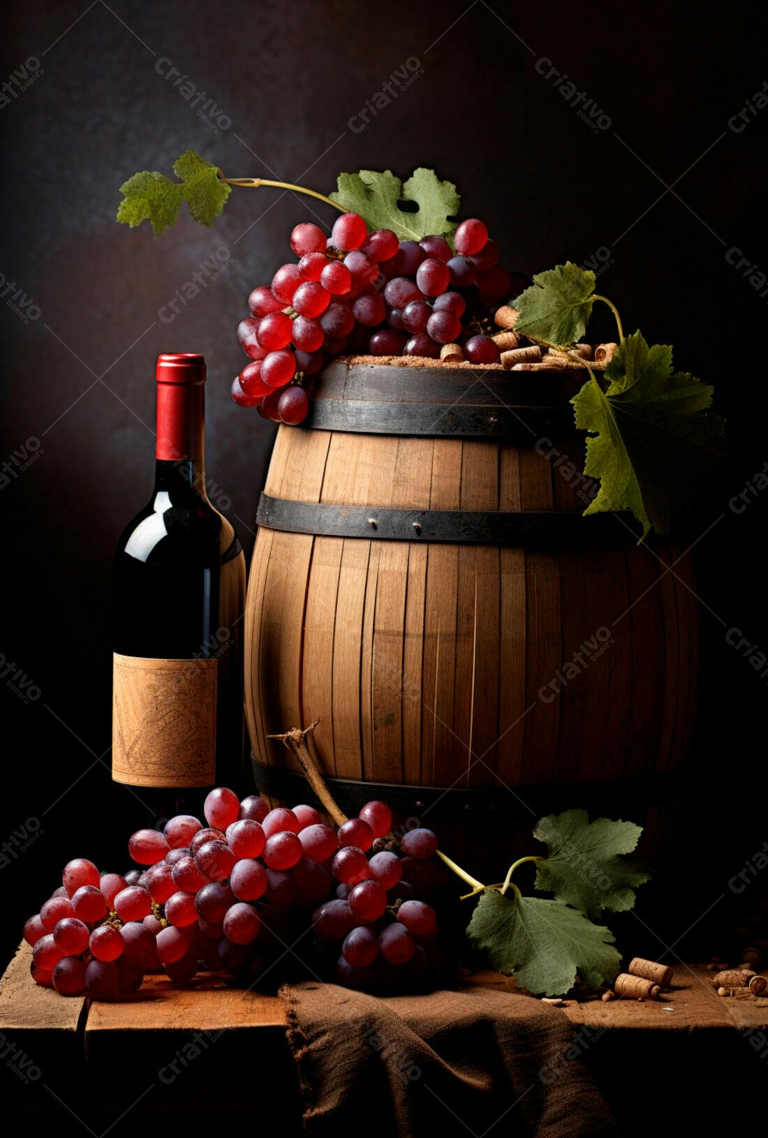 Uvas e vinho tinto em barril de madeira
