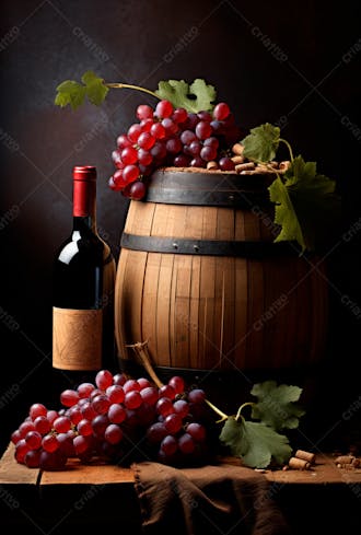 Imagem de uma garrafa de vinho tinto com uvas ao lado 5