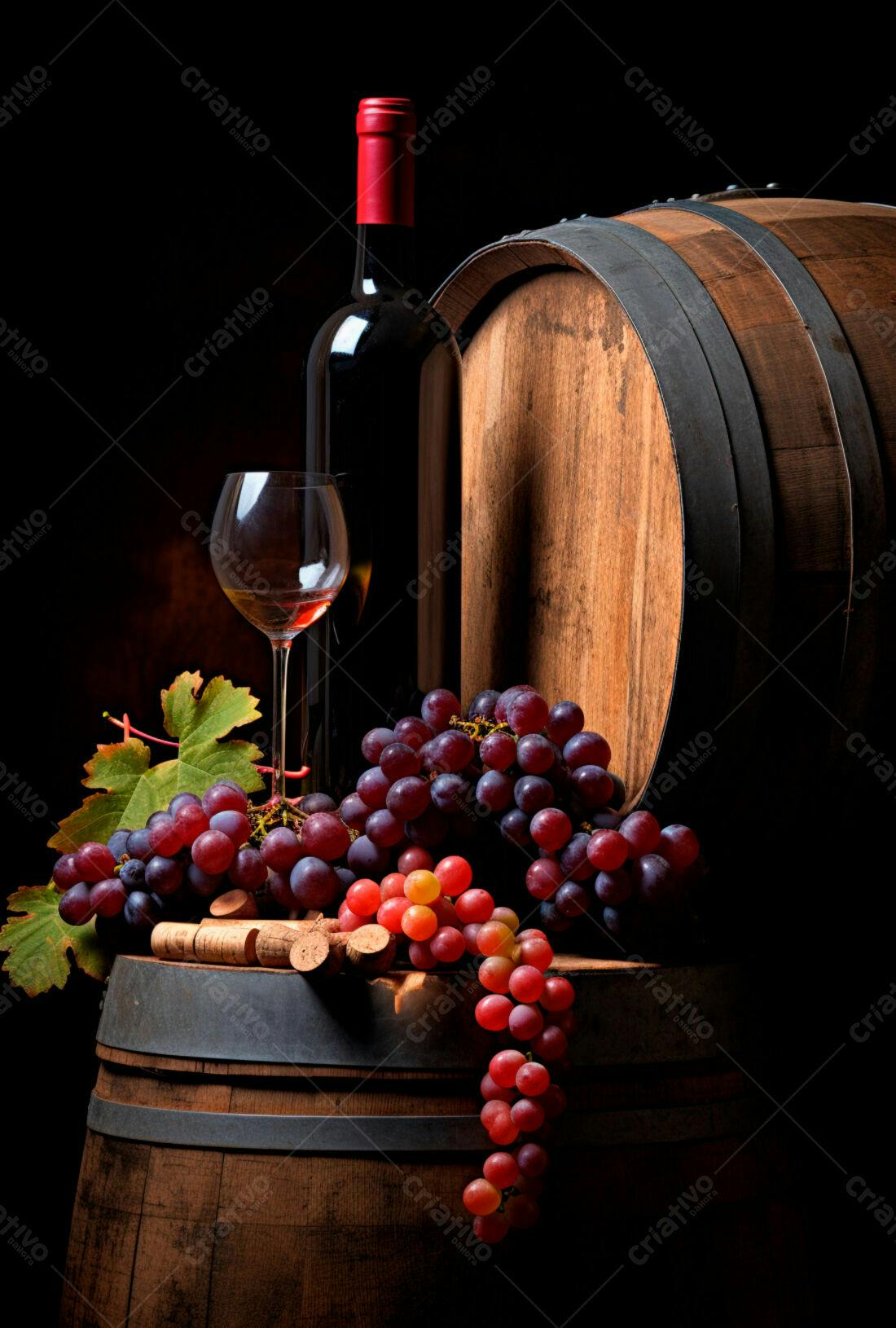 Garrafa vinho tinto uvas barril
