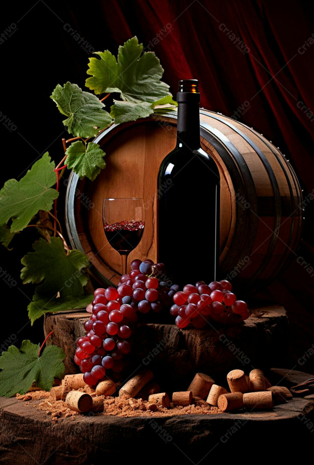 Garrafa vinho tinto uvas barril