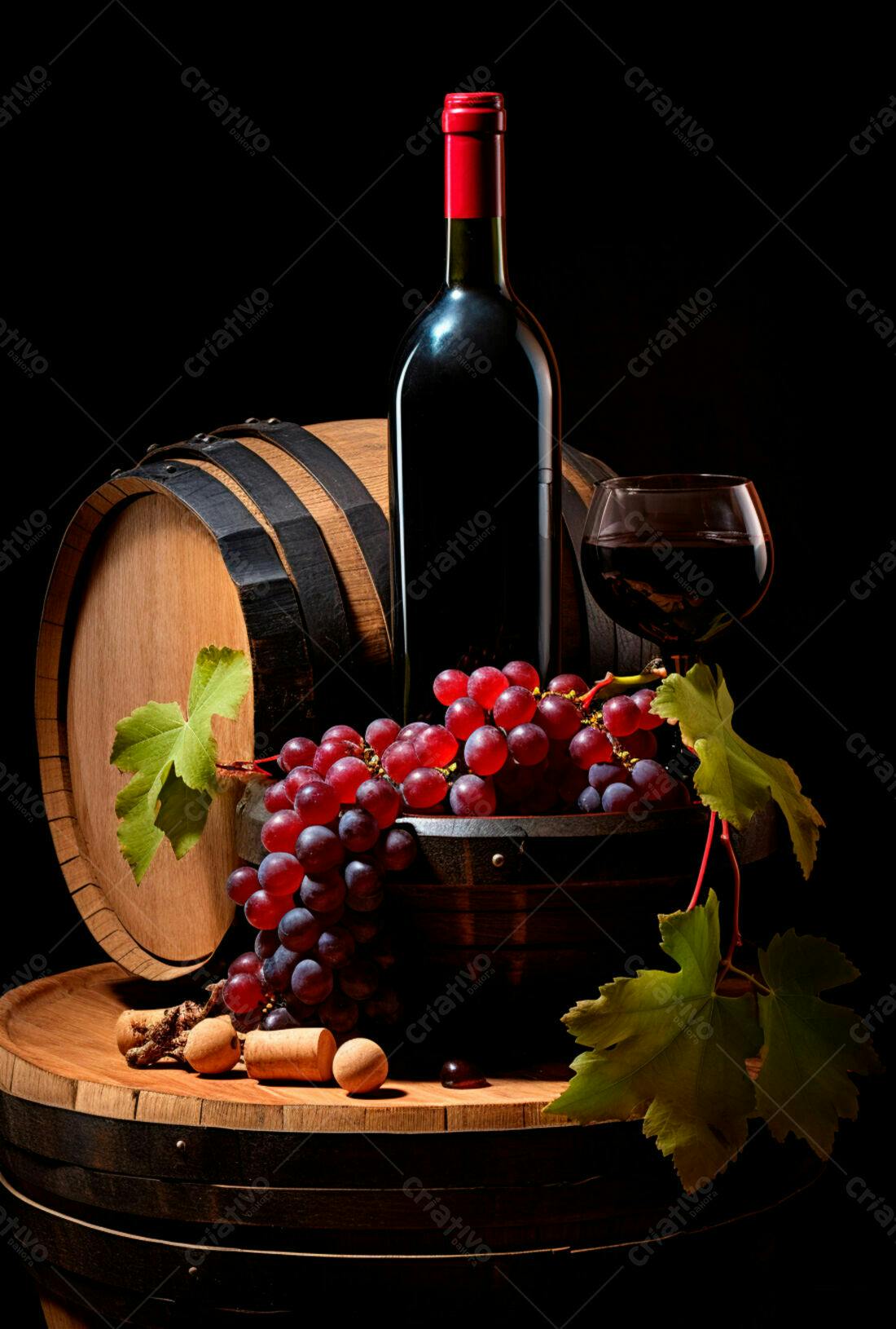 Garrafa vinho tinto uvas barril