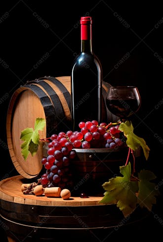 Imagem de uma garrafa de vinho tinto com uvas ao lado 8