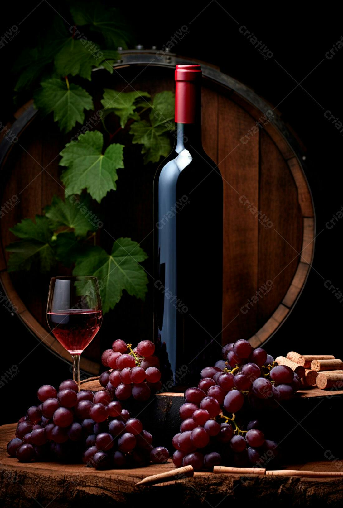 Garrafa de vinho tinto uvas e barril