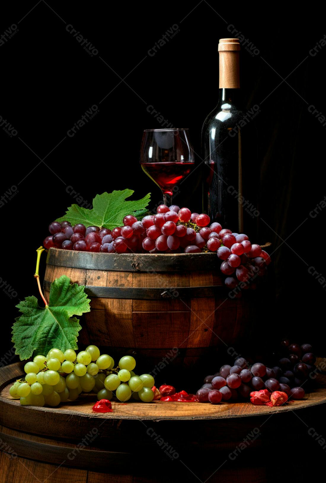 Uvas e vinho tinto em barril de madeira