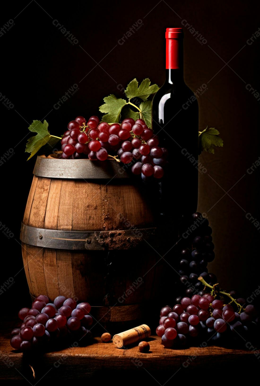 Garrafa de vinho tinto uvas barril