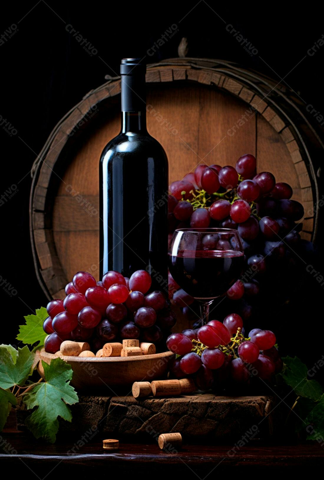 Garrafa de vinho tinto uvas e barril