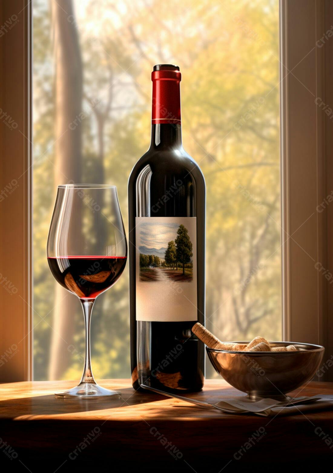 Garrafa de vinho tinto e taça perto da janela