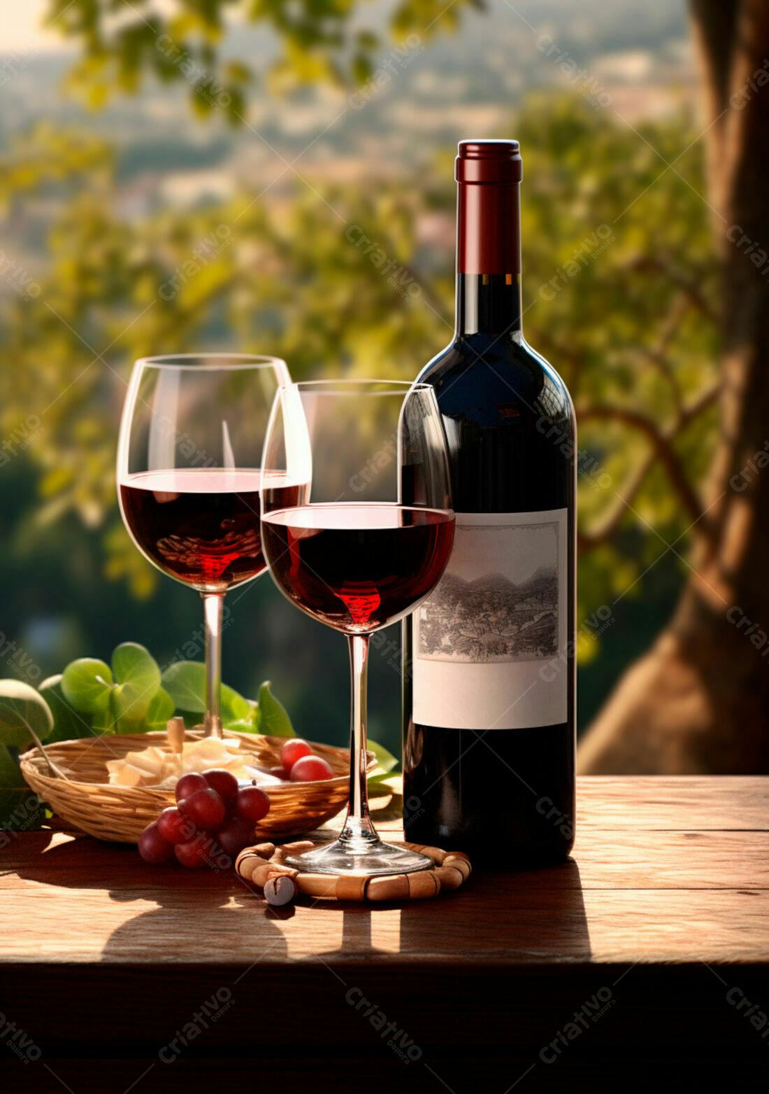 Vinho tinto em taças com queijo e uvas