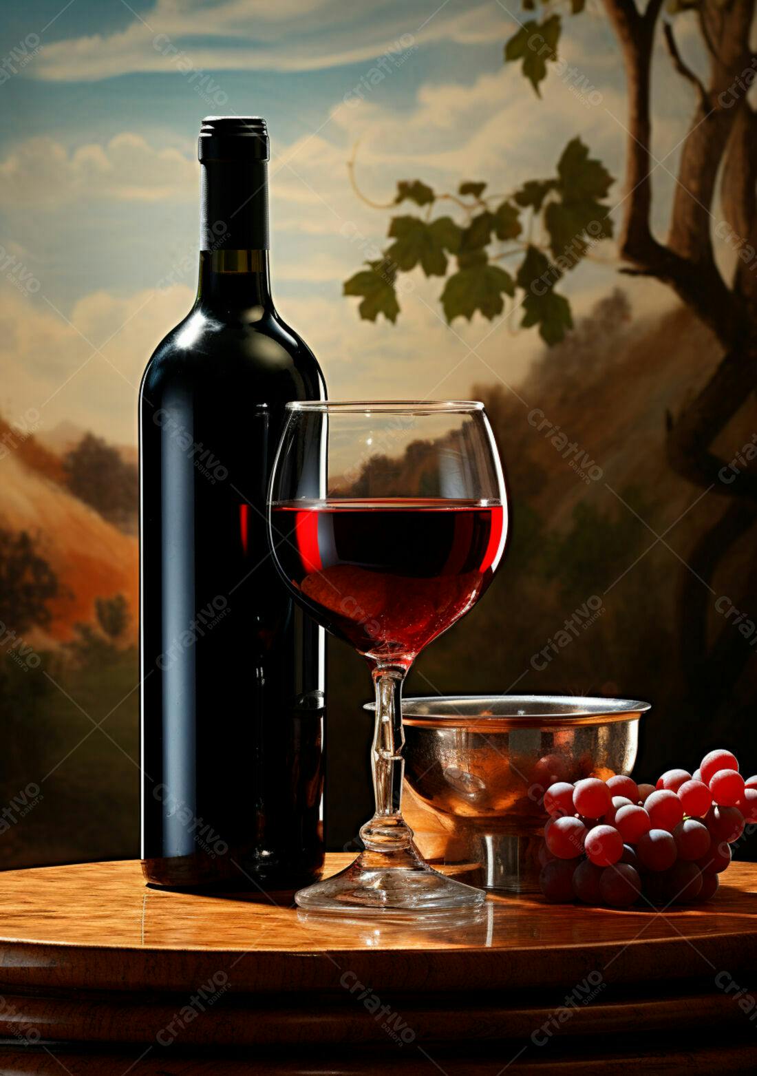 Garrafa e taça de vinho tinto com uvas